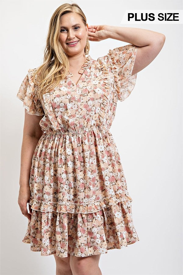Floral Printed Ruffle Detail Dress With Elastic Waist